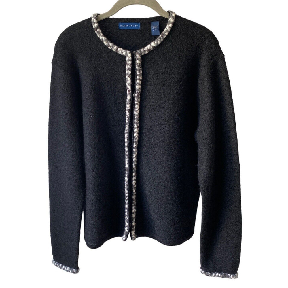 Vintage 90s Karen Scott Sz L Australian Wool Sweater Black Braided Gray Trim